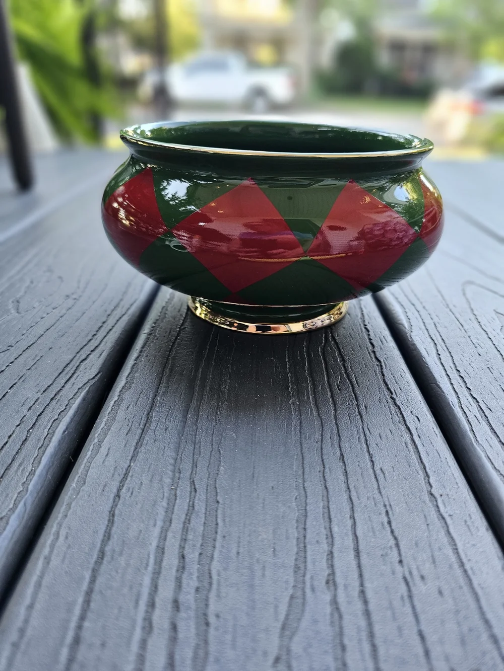 Vintage Teleflora Holiday Harlequin Bowl Red Green Gold Trim Planter